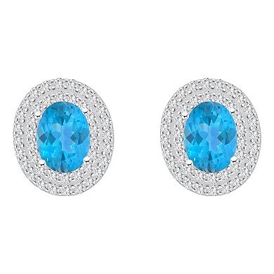 Celebration Gems Sterling Silver Oval-Cut Swiss Blue Topaz & White Topaz Double Halo Stud Earrings