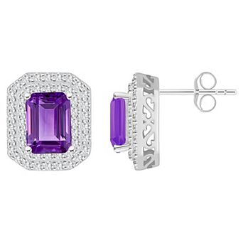 Celebration Gems Sterling Silver Emerald-Cut Amethyst & White Topaz Double Halo Stud Earrings