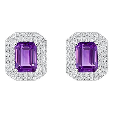 Celebration Gems Sterling Silver Emerald-Cut Amethyst & White Topaz Double Halo Stud Earrings