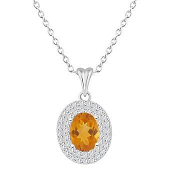 Celebration Gems Sterling Silver Oval-Cut Citrine & White Topaz Double Halo Pendant Necklace