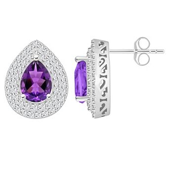 Celebration Gems Sterling Silver Teardrop Amethyst & White Topaz Double Halo Stud Earrings