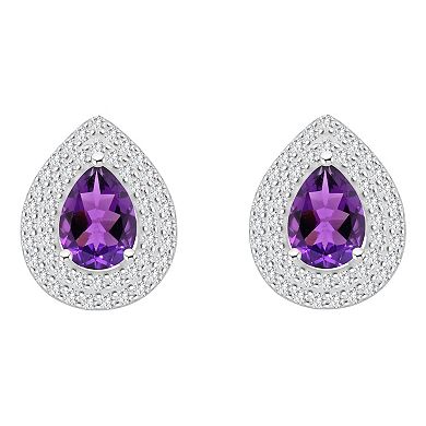 Celebration Gems Sterling Silver Teardrop Amethyst & White Topaz Double Halo Stud Earrings