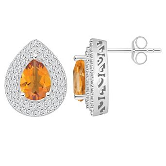 Celebration Gems Sterling Silver Teardrop Citrine & White Topaz Double Halo Stud Earrings