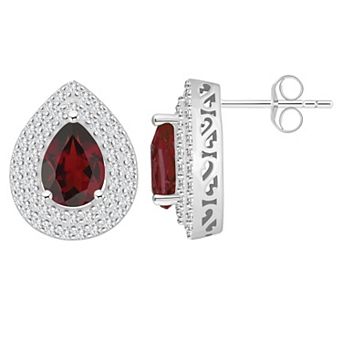 Celebration Gems Sterling Silver Teardrop Garnet & White Topaz Double Halo Stud Earrings