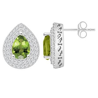 Celebration Gems Sterling Silver Teardrop Peridot & White Topaz Double Halo Stud Earrings