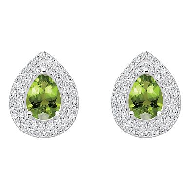 Celebration Gems Sterling Silver Teardrop Peridot & White Topaz Double Halo Stud Earrings