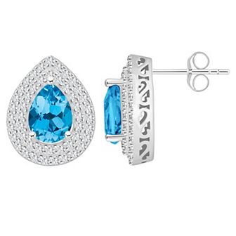 Celebration Gems Sterling Silver Teardrop Swiss Blue Topaz & White Topaz Double Halo Stud Earrings
