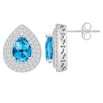 Celebration Gems Sterling Silver Teardrop Swiss Blue Topaz & White Topaz Double Halo Stud Earrings