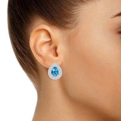 Celebration Gems Sterling Silver Teardrop Swiss Blue Topaz & White Topaz Double Halo Stud Earrings