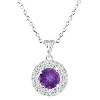 Celebration Gems Sterling Silver Round-Cut Amethyst & White Topaz Double Halo Pendant Necklace