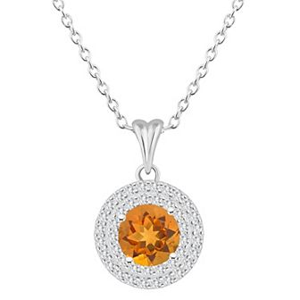 Celebration Gems Sterling Silver Round-Cut Citrine & White Topaz Double Halo Pendant Necklace
