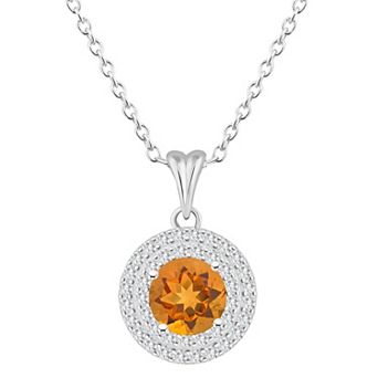 Celebration Gems Sterling Silver Round-Cut Citrine & White Topaz Double Halo Pendant Necklace