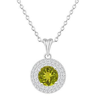 Celebration Gems Sterling Silver Round-Cut Peridot & White Topaz Double Halo Pendant Necklace
