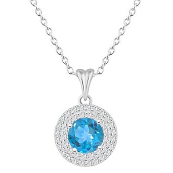 Celebration Gems Sterling Silver Round-Cut Swiss Blue Topaz & White Topaz Double Halo Pendant Necklace