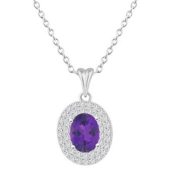 Celebration Gems Sterling Silver Oval-Cut Amethyst & White Topaz Double Halo Pendant Necklace