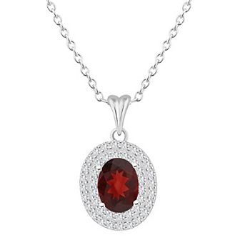 Celebration Gems Sterling Silver Oval-Cut Garnet & White Topaz Double Halo Pendant Necklace