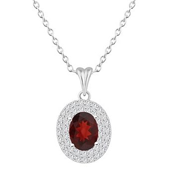 Celebration Gems Sterling Silver Oval-Cut Garnet & White Topaz Double Halo Pendant Necklace