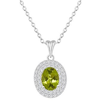 Celebration Gems Sterling Silver Oval-Cut Peridot & White Topaz Double Halo Pendant Necklace
