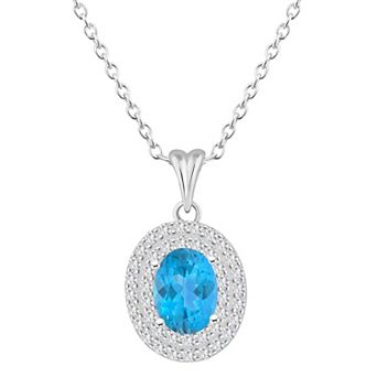 Celebration Gems Sterling Silver Oval-Cut Swiss Blue Topaz & White Topaz Double Halo Pendant Necklace