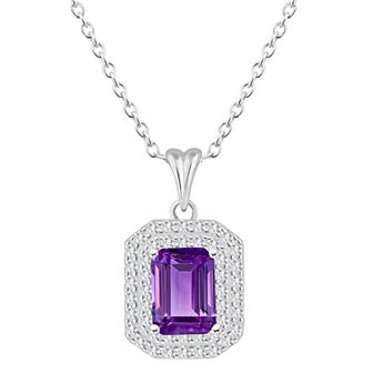 Celebration Gems Sterling Silver Emerald-Cut Amethyst & White Topaz Double Halo Pendant Necklace