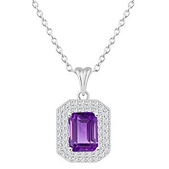 Celebration Gems Sterling Silver Emerald-Cut Amethyst & White Topaz Double Halo Pendant Necklace