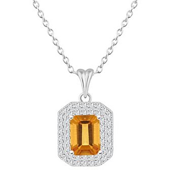 Celebration Gems Sterling Silver Emerald-Cut Citrine & White Topaz Double Halo Pendant Necklace