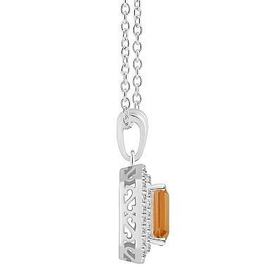 Celebration Gems Sterling Silver Emerald-Cut Citrine & White Topaz Double Halo Pendant Necklace