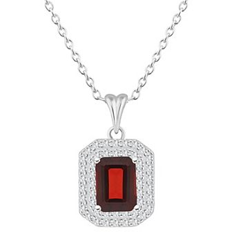 Celebration Gems Sterling Silver Emerald-Cut Garnet & White Topaz Double Halo Pendant Necklace