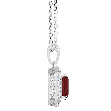 Celebration Gems Sterling Silver Emerald-Cut Garnet & White Topaz Double Halo Pendant Necklace