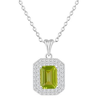 Celebration Gems Sterling Silver Emerald-Cut Peridot & White Topaz Double Halo Pendant Necklace
