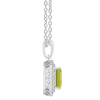 Celebration Gems Sterling Silver Emerald-Cut Peridot & White Topaz Double Halo Pendant Necklace