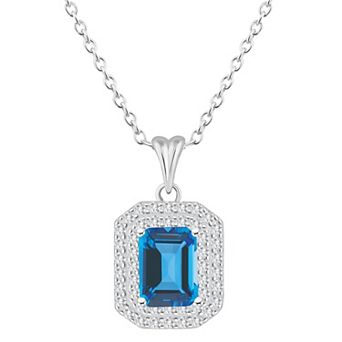 Celebration Gems Sterling Silver Emerald-Cut Swiss Blue Topaz & White Topaz Double Halo Pendant Necklace