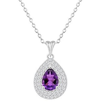 Celebration Gems Sterling Silver Teardrop Amethyst & White Topaz Double Halo Pendant Necklace
