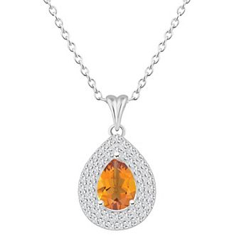Celebration Gems Sterling Silver Teardrop Citrine & White Topaz Double Halo Pendant Necklace