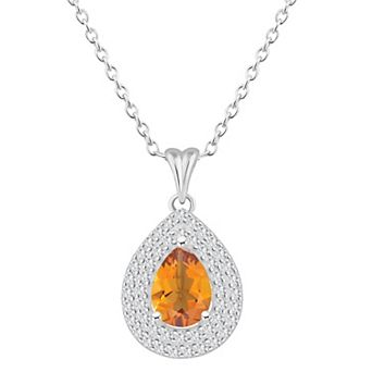 Celebration Gems Sterling Silver Teardrop Citrine & White Topaz Double Halo Pendant Necklace