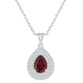 Celebration Gems Sterling Silver Teardrop Garnet & White Topaz Double Halo Pendant Necklace