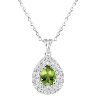 Celebration Gems Sterling Silver Teardrop Peridot & White Topaz Double Halo Pendant Necklace