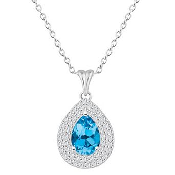 Celebration Gems Sterling Silver Teardrop Swiss Blue Topaz & White Topaz Double Halo Pendant Necklace
