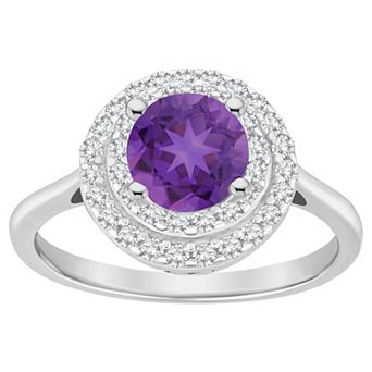Celebration Gems Sterling Silver Round-Cut Amethyst & White Topaz Double Halo Ring