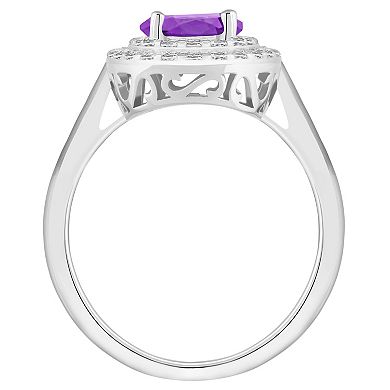 Celebration Gems Sterling Silver Round-Cut Amethyst & White Topaz Double Halo Ring