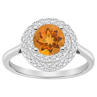 Celebration Gems Sterling Silver Round-Cut Citrine & White Topaz Double Halo Ring