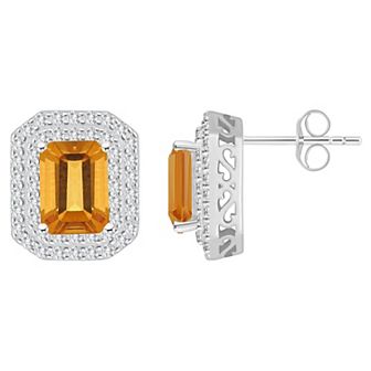 Celebration Gems Sterling Silver Emerald-Cut Citrine & White Topaz Double Halo Stud Earrings