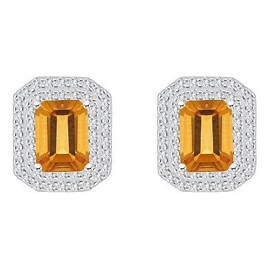 Celebration Gems Sterling Silver Emerald-Cut Citrine & White Topaz Double Halo Stud Earrings