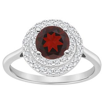 Celebration Gems Sterling Silver Round-Cut Garnet & White Topaz Double Halo Ring