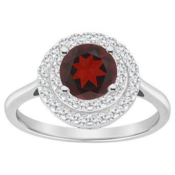 Celebration Gems Sterling Silver Round-Cut Garnet & White Topaz Double Halo Ring