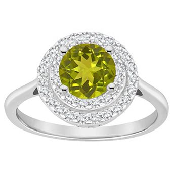 Celebration Gems Sterling Silver Round-Cut Peridot & White Topaz Double Halo Ring