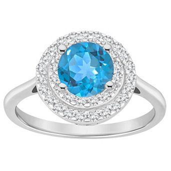 Celebration Gems Sterling Silver Round-Cut Swiss Blue Topaz & White Topaz Double Halo Ring