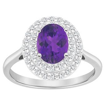 Celebration Gems Sterling Silver Oval-Cut Amethyst & White Topaz Double Halo Ring