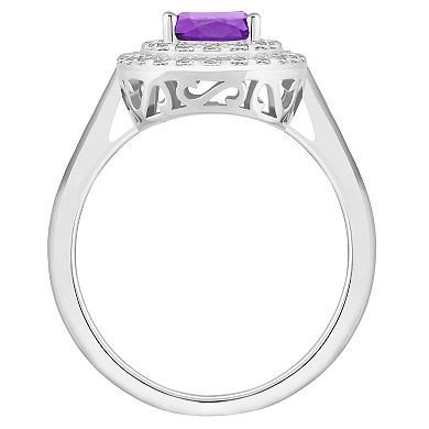 Celebration Gems Sterling Silver Oval-Cut Amethyst & White Topaz Double Halo Ring