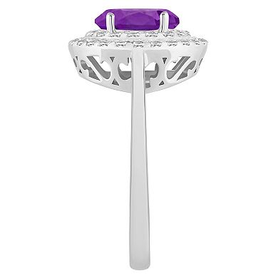 Celebration Gems Sterling Silver Oval-Cut Amethyst & White Topaz Double Halo Ring